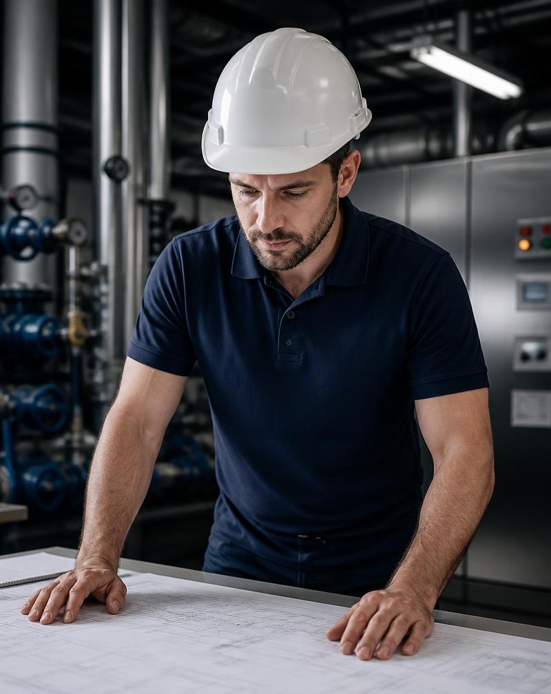 Enigma Prime engineer reviewing technical drawings